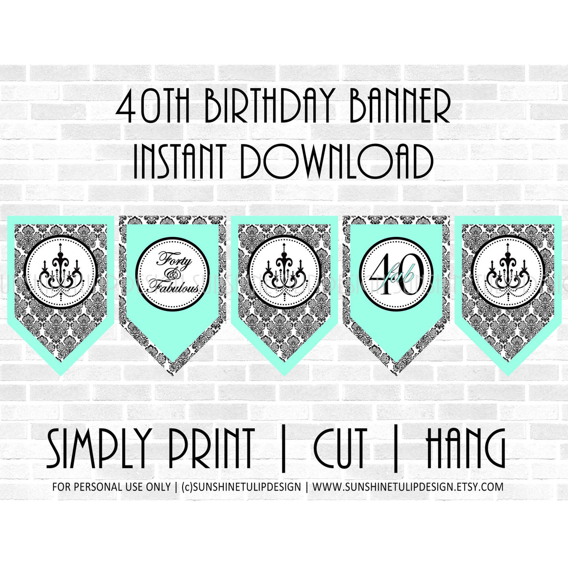 Printable 40th Birthday Aqua & Black Damask Banner - Sunshinetulipdesign - 1