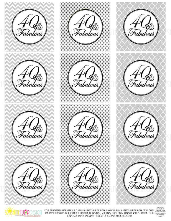 Printable 40 and Fabulous Black & Gray Birthday Cupcake Toppers, Sticker Labels & Party Favor Tags - Sunshinetulipdesign