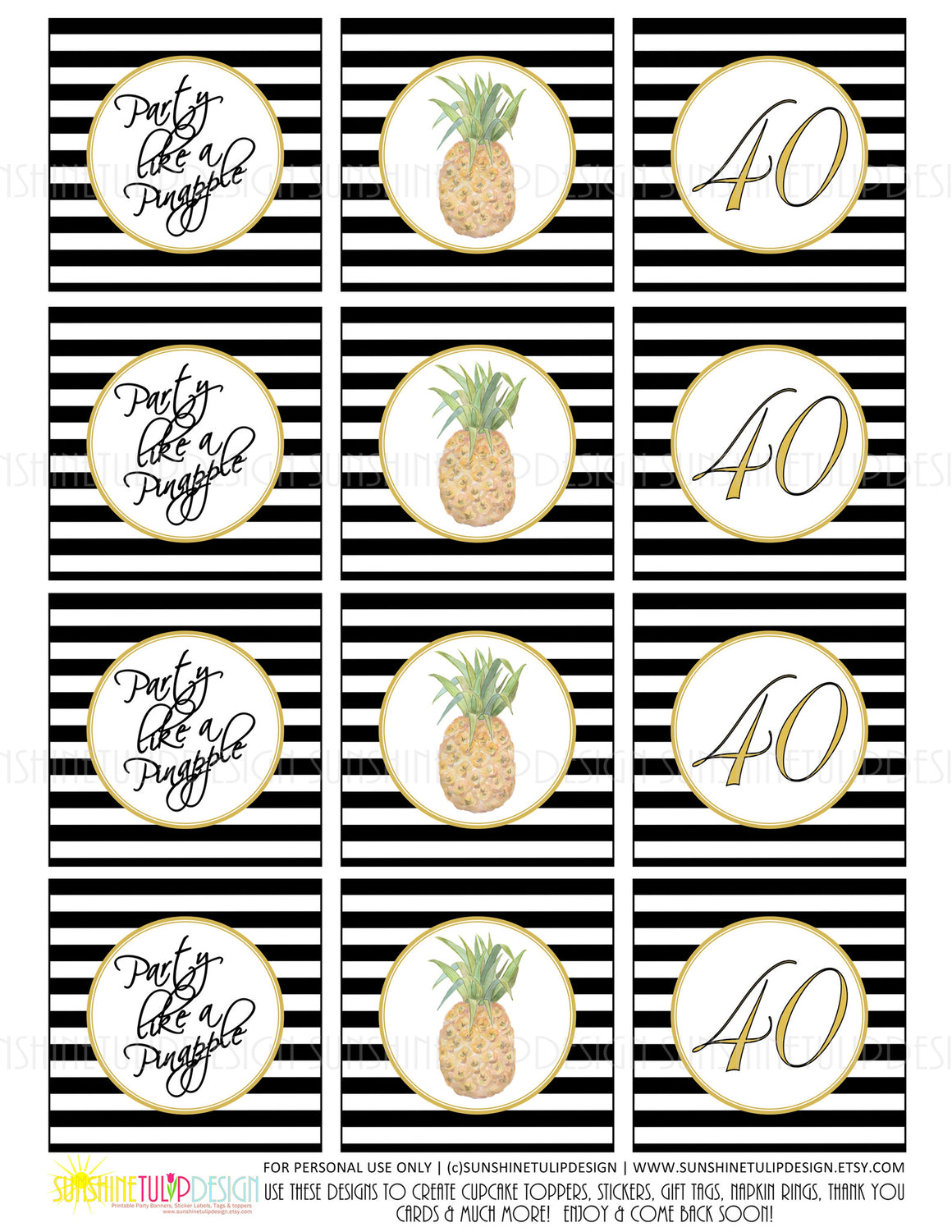Printable 40th Birthday Party Like a Pineapple Cupcake Toppers, Sticker Labels & Party Favor Tags - Sunshinetulipdesign