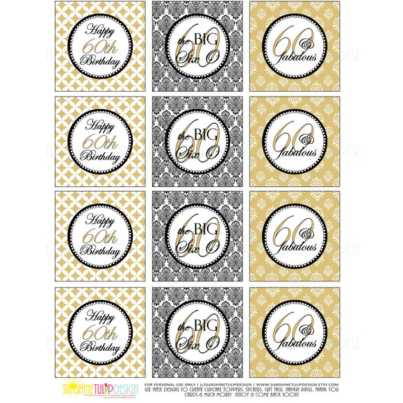 Printable 60th Birthday Gold Cupcake Toppers, Sticker Labels & Party Favor Tags by Sunshinetulipdesign - Sunshinetulipdesign - 1