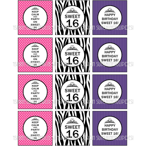 Printable Sweet 16 Birthday Cupcake Toppers, Sticker Labels & Party Favor Tags by SUNSHINETULIPDESIGN - Sunshinetulipdesign
