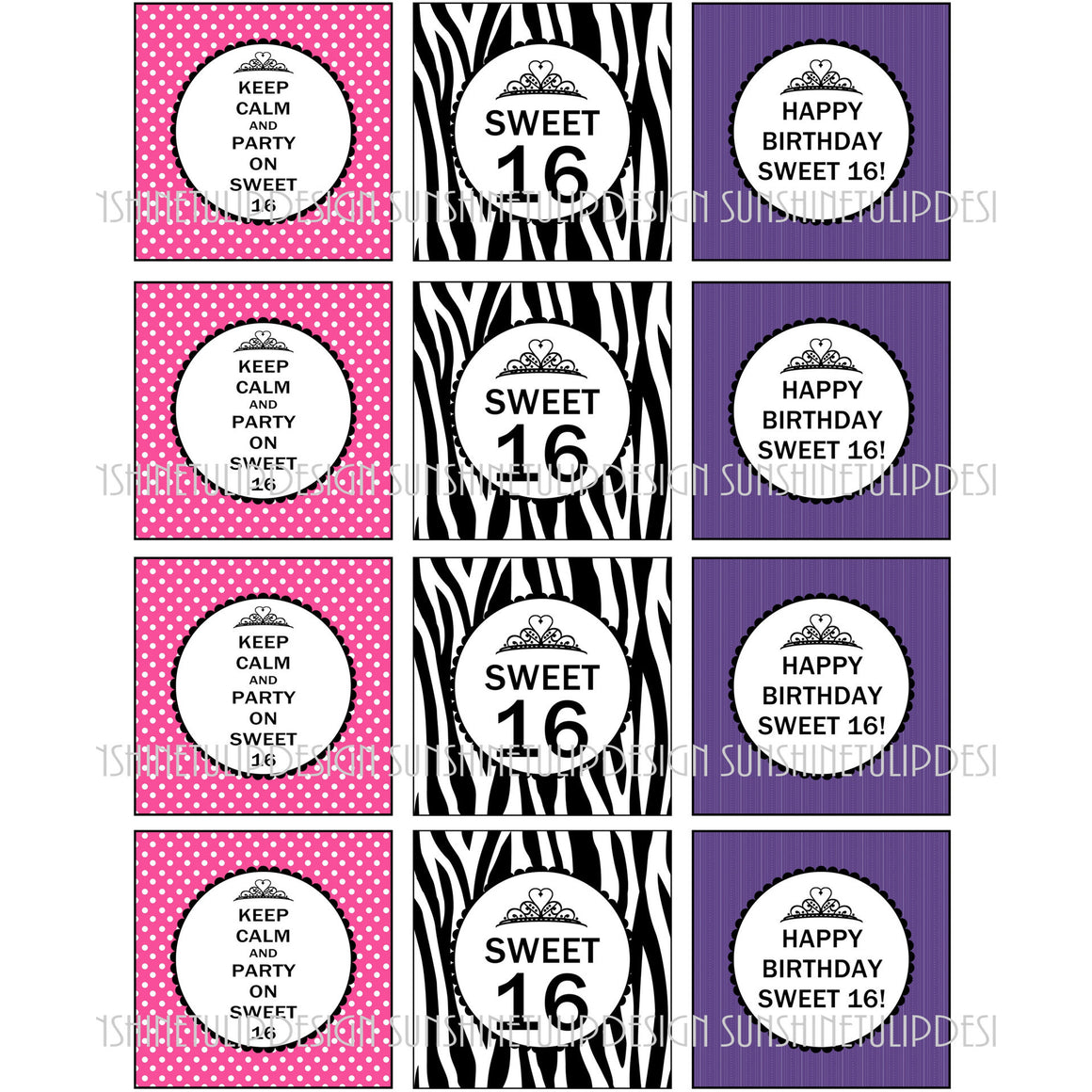 Printable Sweet 16 Birthday Cupcake Toppers, Sticker Labels & Party Favor Tags by SUNSHINETULIPDESIGN - Sunshinetulipdesign