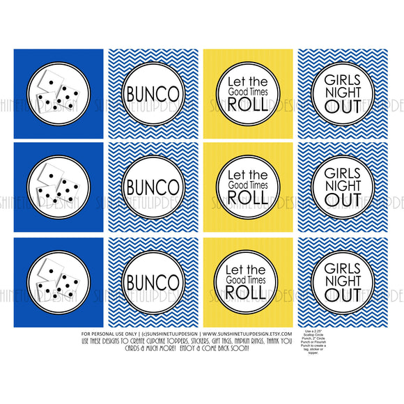 Printable Bunco Cupcake Toppers, Sticker Labels & Party Favor Tags Royal Blue & Yellow by SUNSHINETULIPDESIGN - Sunshinetulipdesign