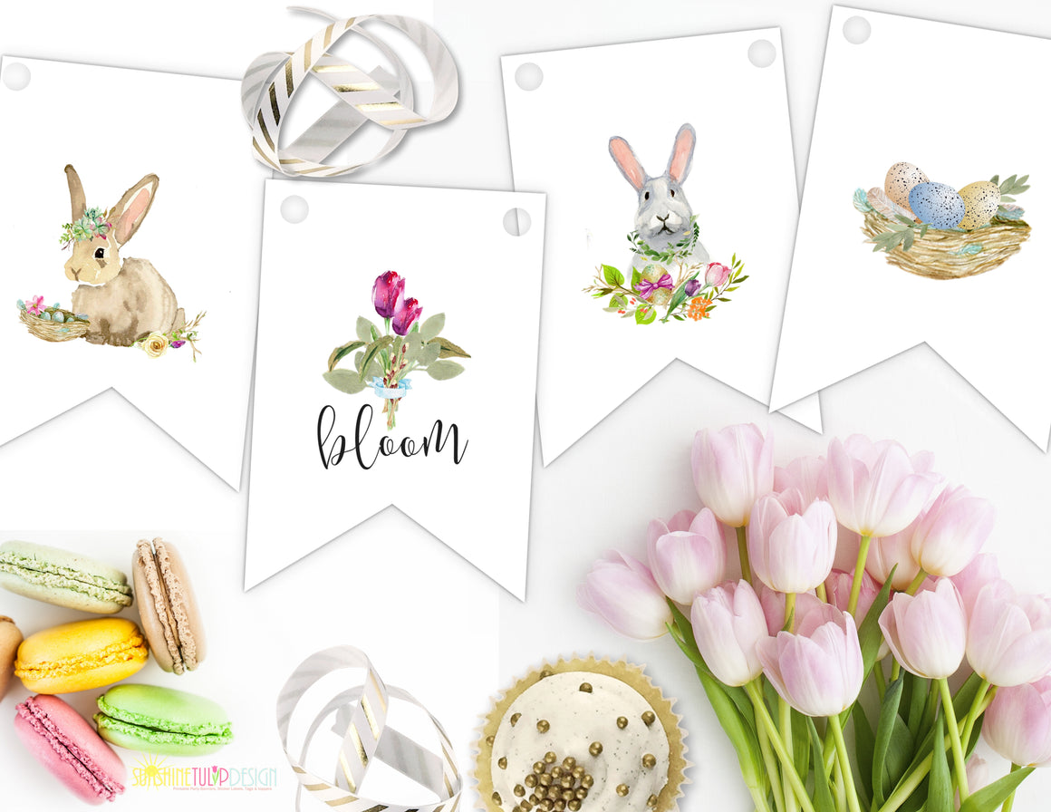 Printable Spring party banner, Printable Bunny and Floral Banner, Printable Easter Banner by SUNSHINETULIPDESIGN