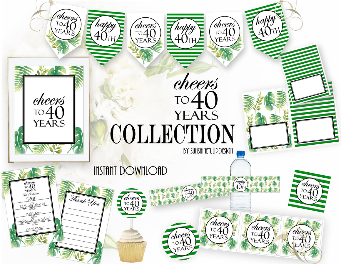 Printable 40th Birthday Party Package, Cheers To 40 Years Party Decorations by SUNSHINETULIPDESIGN
