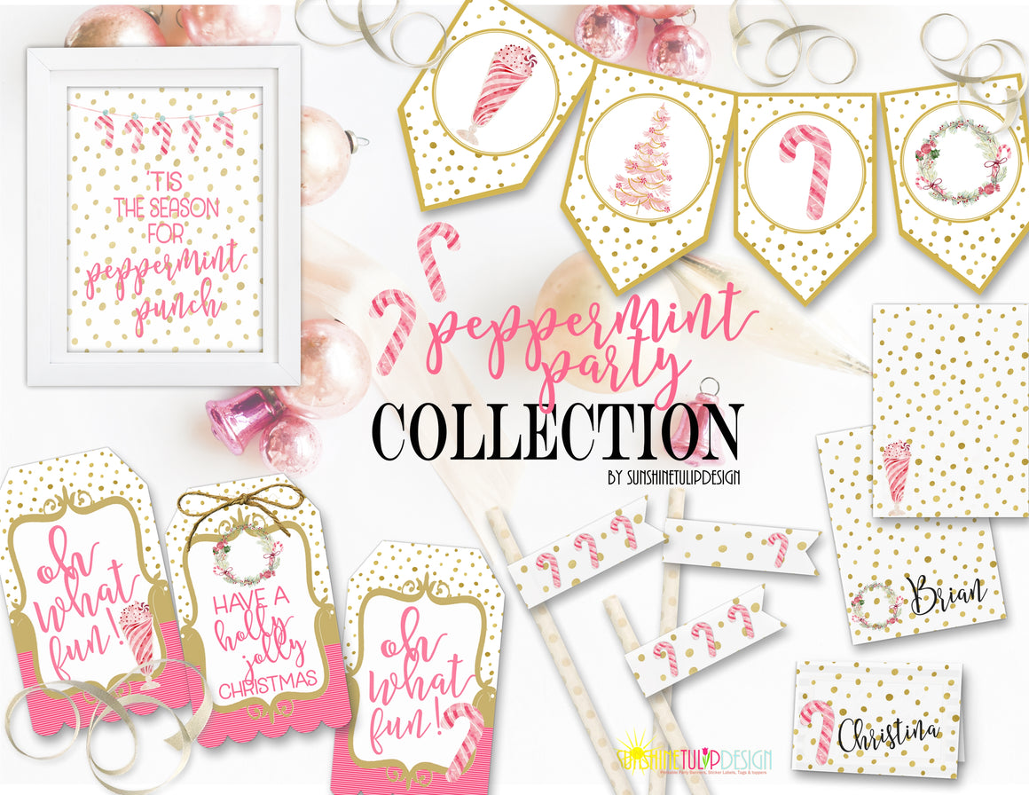 Printable Peppermint Party Package Decorations, Printable Christmas Beverage Bar Decorations by SUNSHINETULIPDESIGN