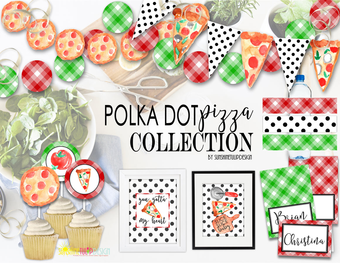 Printable Pizza Party Decorations, Instant Download Polka Dot Pizza Party Package by SUNSHINETULIPDESIGN