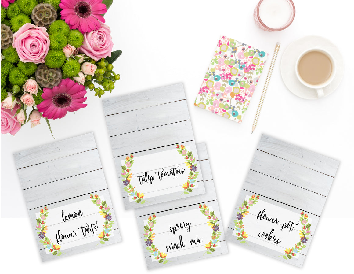 Printable Floral Shiplap Food Label Tent Cards, Blank Floral Spring All Occasion cards by SUNSHINETULIPDESIGN
