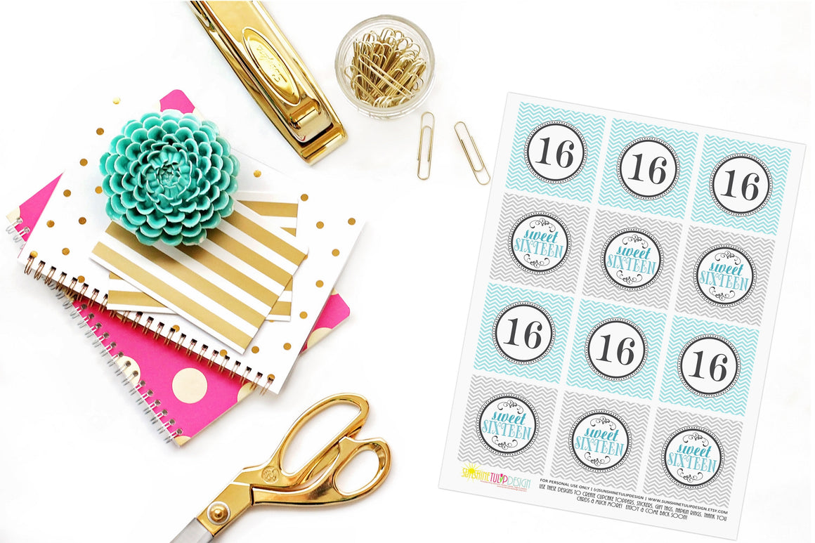 Printable Sweet 16 Birthday Cupcake Toppers, Sticker Labels & Party Favor Tags by SUNSHINETULIPDESIGN - Sunshinetulipdesign - 1