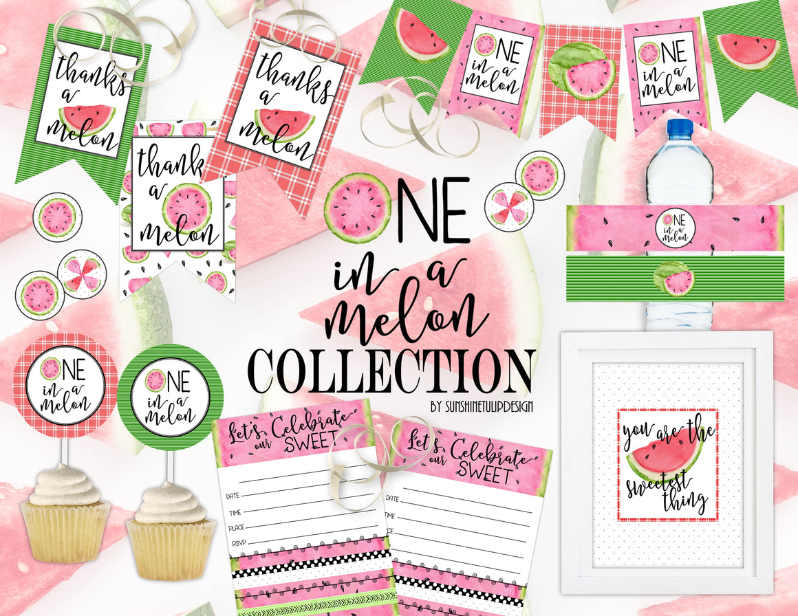 Printable Watermelon Party Decorations, Printable One in a Melon Birthday Decorations, Printable Fruit Birthday Decorations by SUNSHINETULIPDESIGN