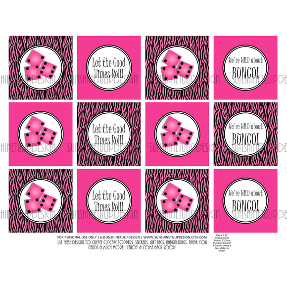 Printable Bunco Hot Pink & Zebra Cupcake Toppers, Sticker Labels & Party Favor Tags - Sunshinetulipdesign
