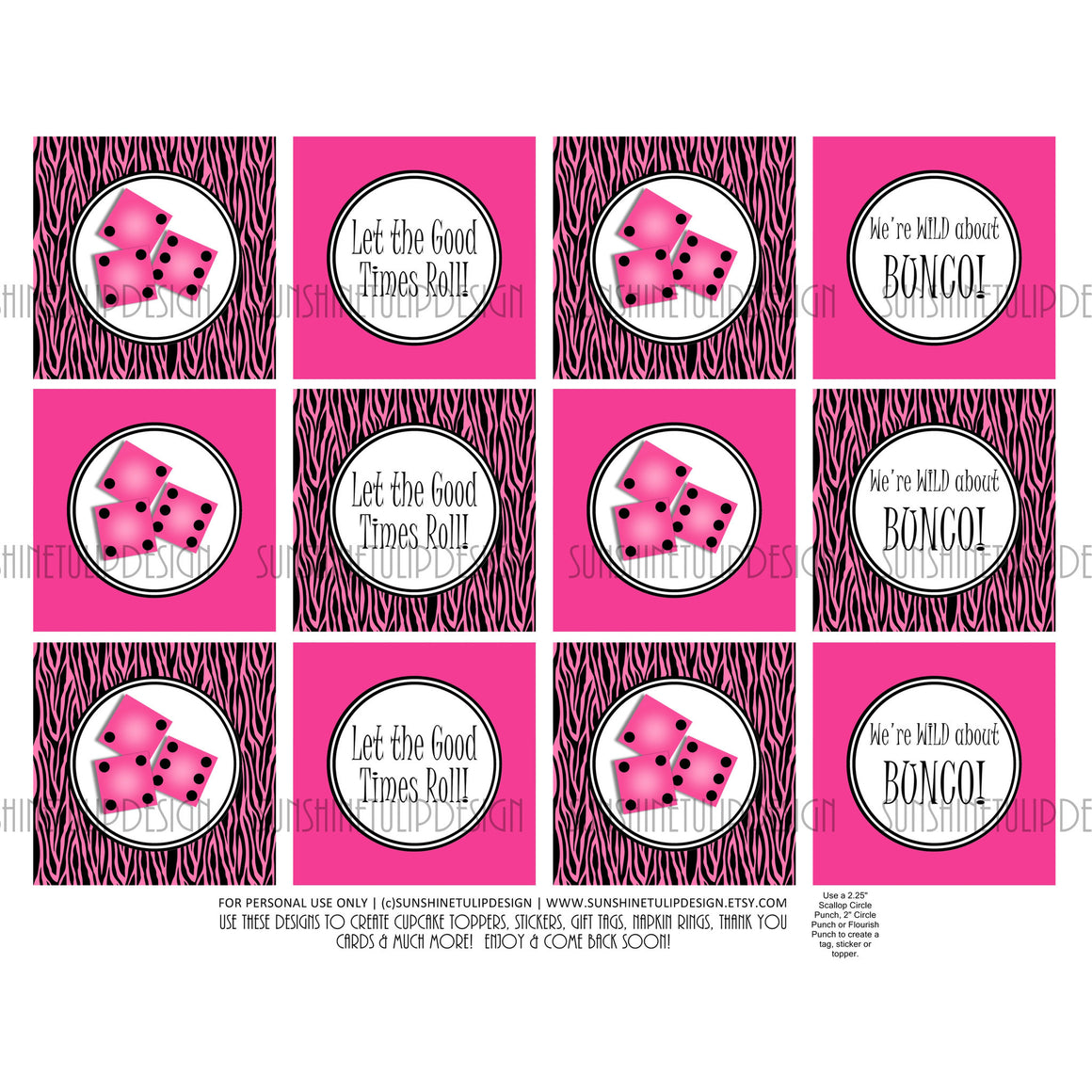 Printable Bunco Hot Pink & Zebra Cupcake Toppers, Sticker Labels & Party Favor Tags - Sunshinetulipdesign
