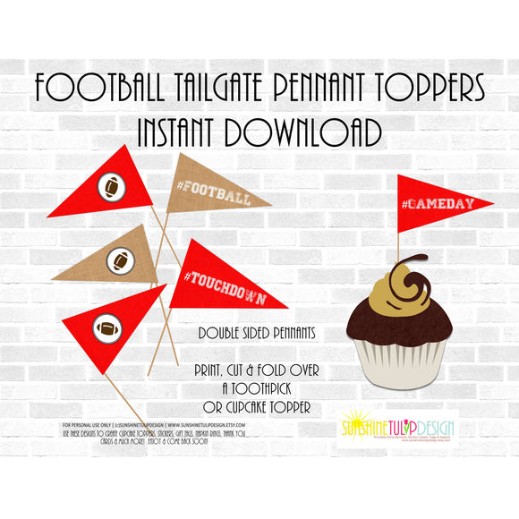 Printable Red Football Pennants Picks, Football Tailgate Toppers, Football Birthday Picks & Toppers by Sunshinetulipdesign - Sunshinetulipdesign - 1