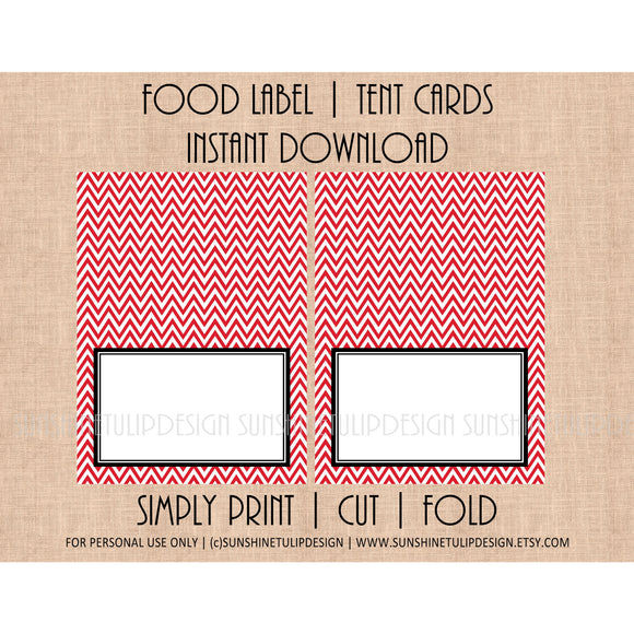 Printable Food Label Tent Cards Red & White Chevron All Occasion by SUNSHINETULIPDESIGN - Sunshinetulipdesign