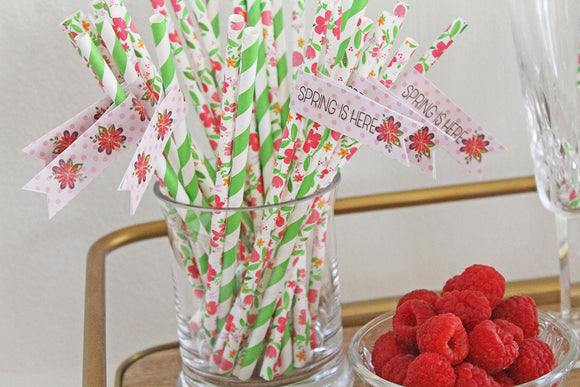 Printable Spring is Here Drink Flag Straws, Printable Spring Floral Flag Straws by SUNSHINETULIPDESIGN