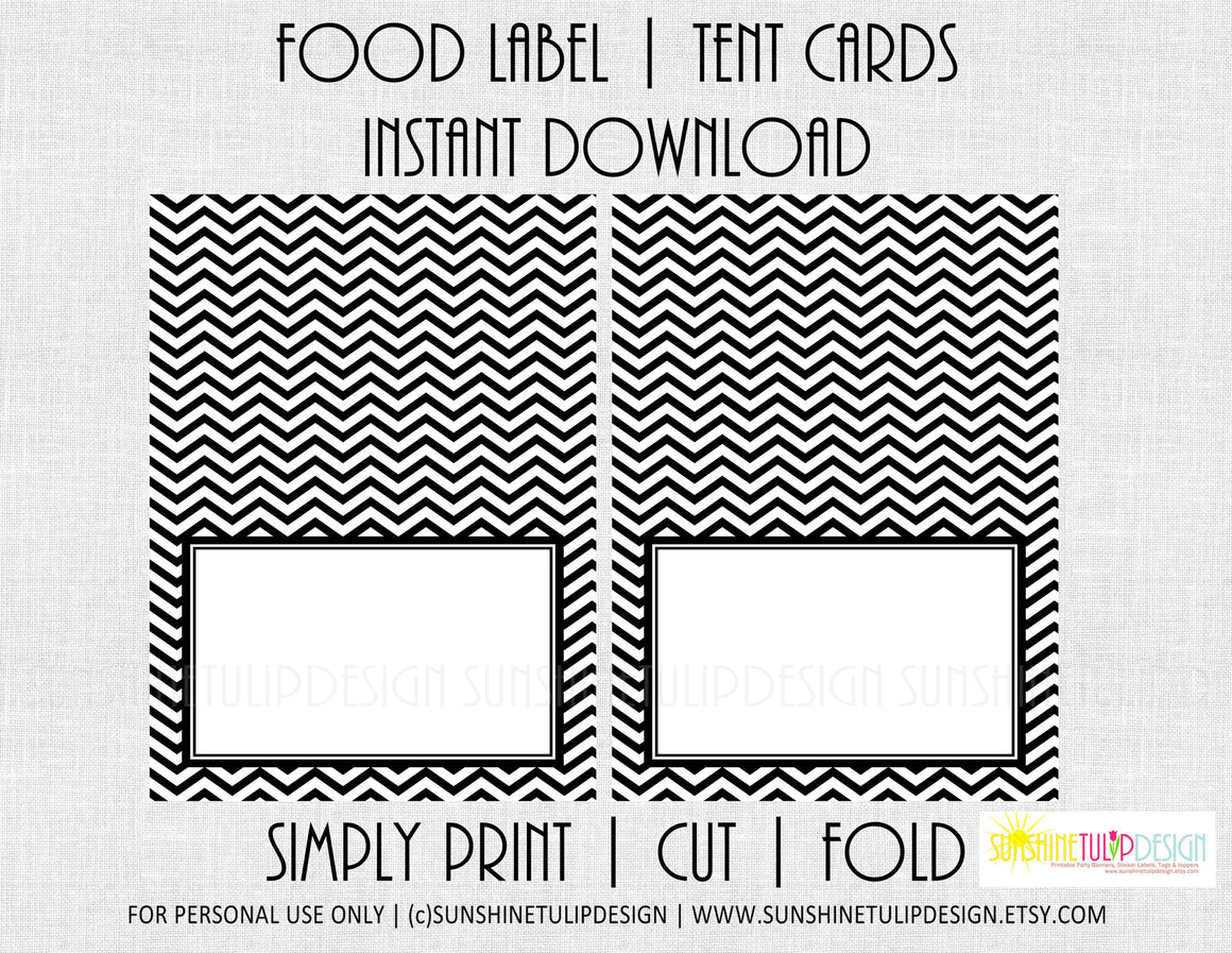 Printable Food Label Tent Cards Black & White Chevron All Occasion cards by SUNSHINETULIPDESIGN - Sunshinetulipdesign