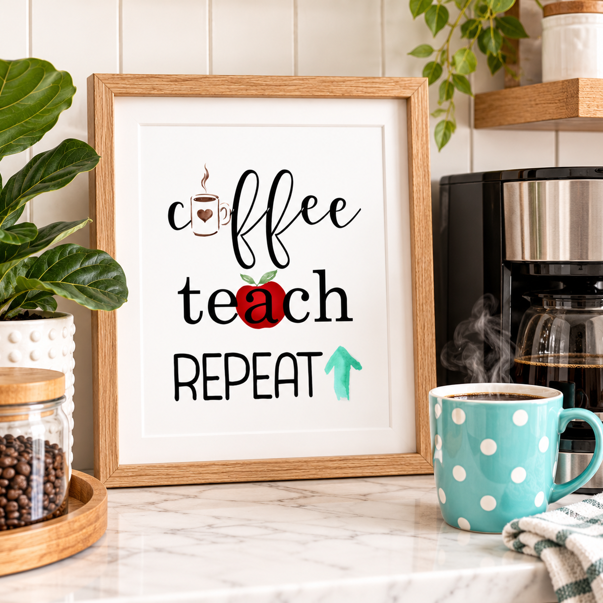 A framed typographic wall art print reading 'coffee teach REPEAT' with a small red apple and mint arrow accent, displayed on a kitchen counter beside a coffee maker, a polka-dot mug, and a plant. Teacher appreciation