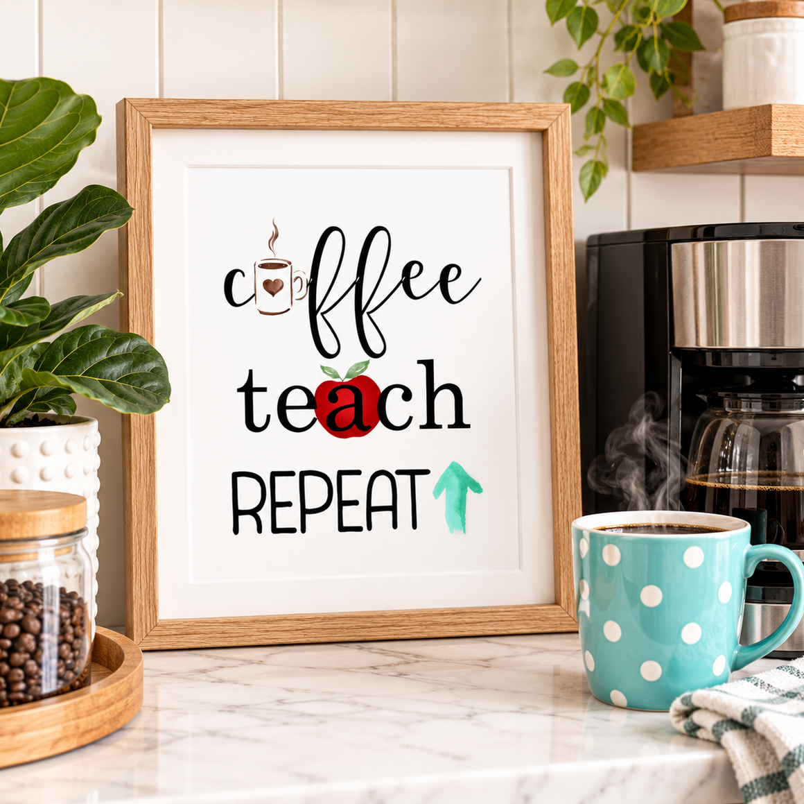 A framed typographic wall art print reading 'coffee teach REPEAT' with a small red apple and mint arrow accent, displayed on a kitchen counter beside a coffee maker, a polka-dot mug, and a plant. Teacher appreciation