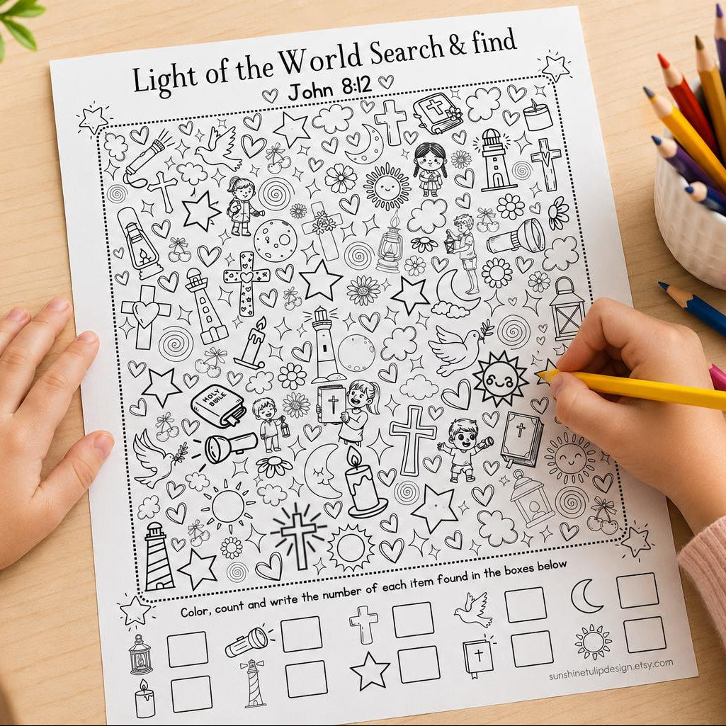 LIGHT of the World Search & Find Activity Printable | John 8:12 Bible Coloring Page | Christian I Spy | Hidden Object Digital Download PDF