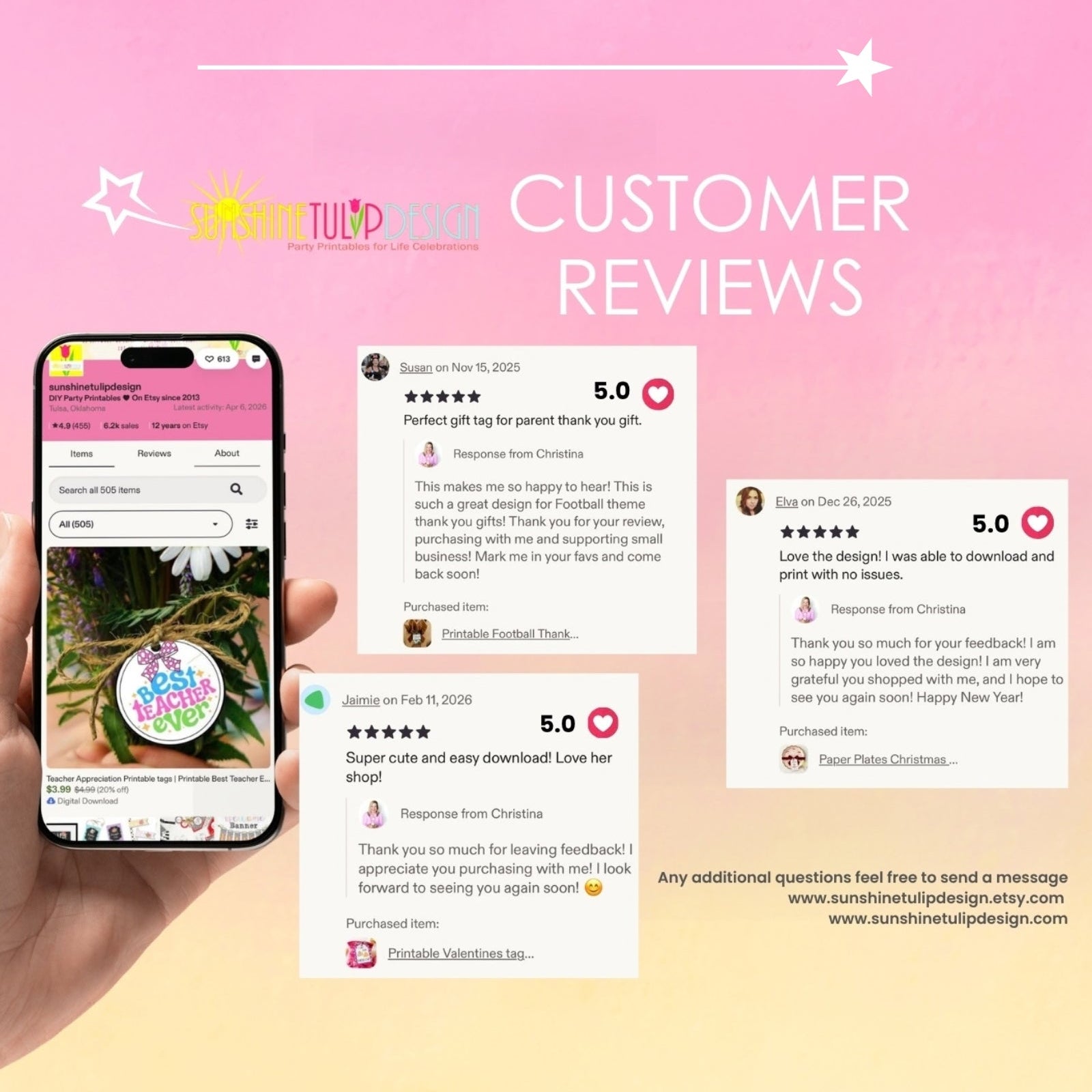 A promotional graphic for Sunshine Tulip Designs featuring customer review templates. The design shows a hand holding a smartphone displaying a feedback screen, alongside three sample review cards with five-star ratings and customer testimonials, set against a pink-to-yellow gradient background with white stars.