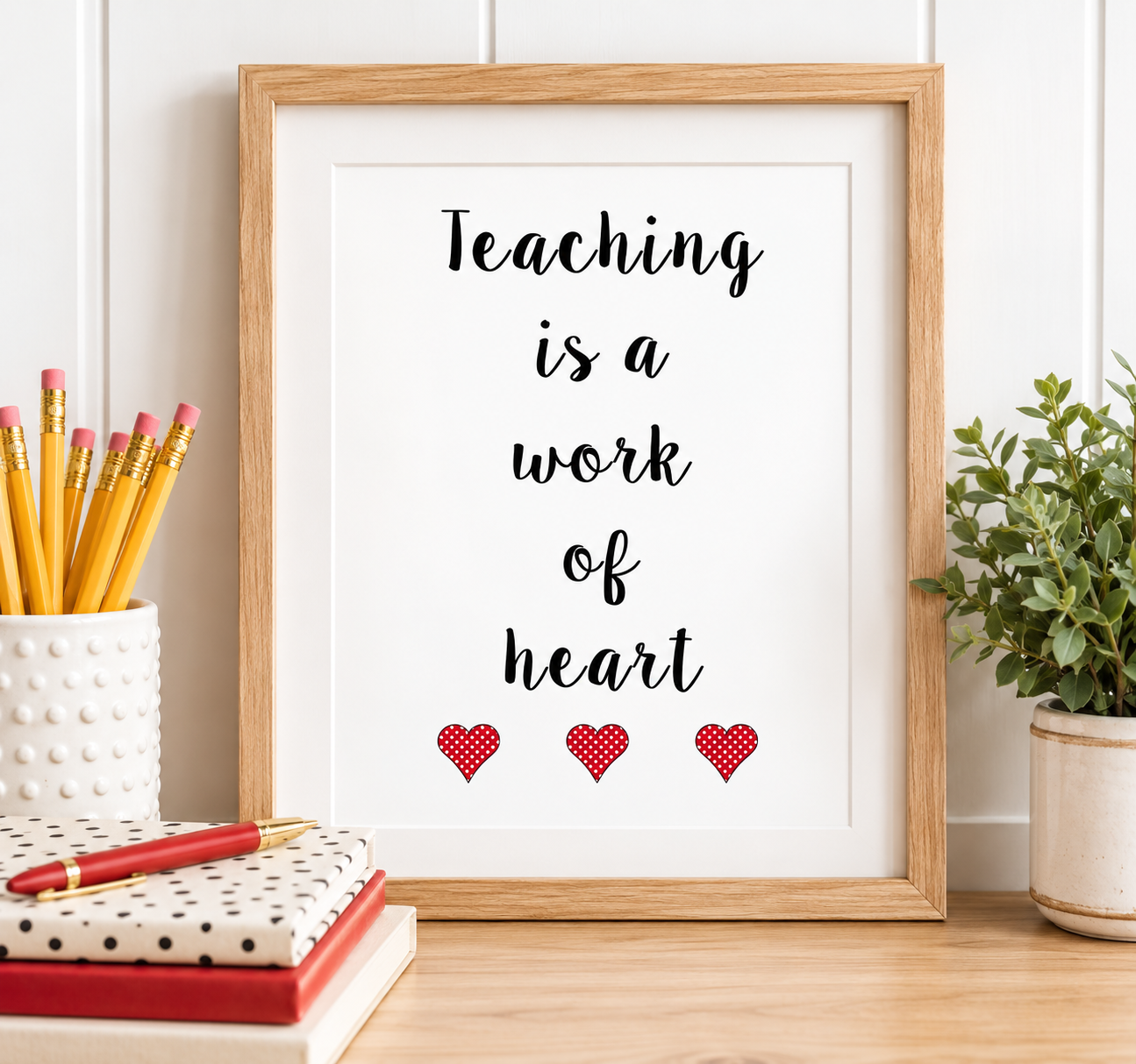 A framed typographic wall art print reading 'Teaching is a work of heart' in black script, with three small red hearts at the bottom, displayed on a wooden desk with pencils, notebooks, and a potted plant nearby.
