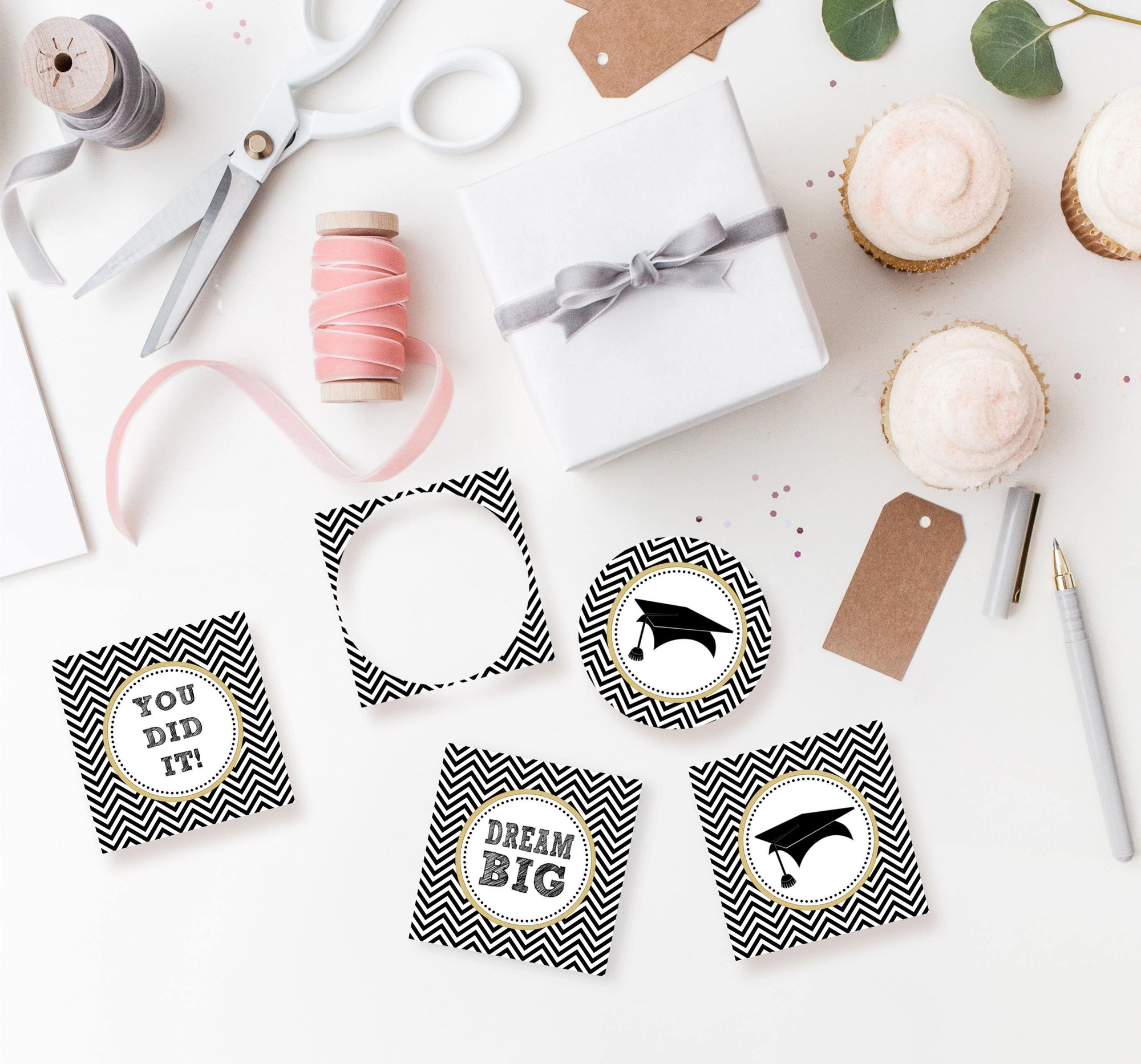 Printable Graduation Cupcake Toppers, Graduation Gift Tags, Black and White Graduation Toppers, Grad Party Cupcake Picks, Graduate Topper