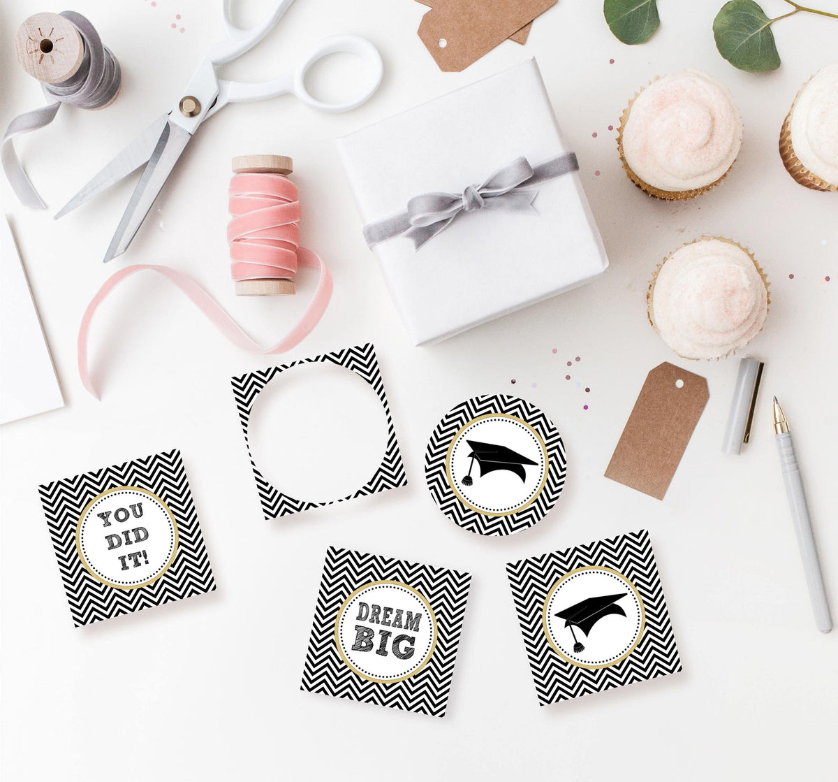 Printable Graduation Cupcake Toppers, Graduation Gift Tags, Black and White Graduation Toppers, Grad Party Cupcake Picks, Graduate Topper