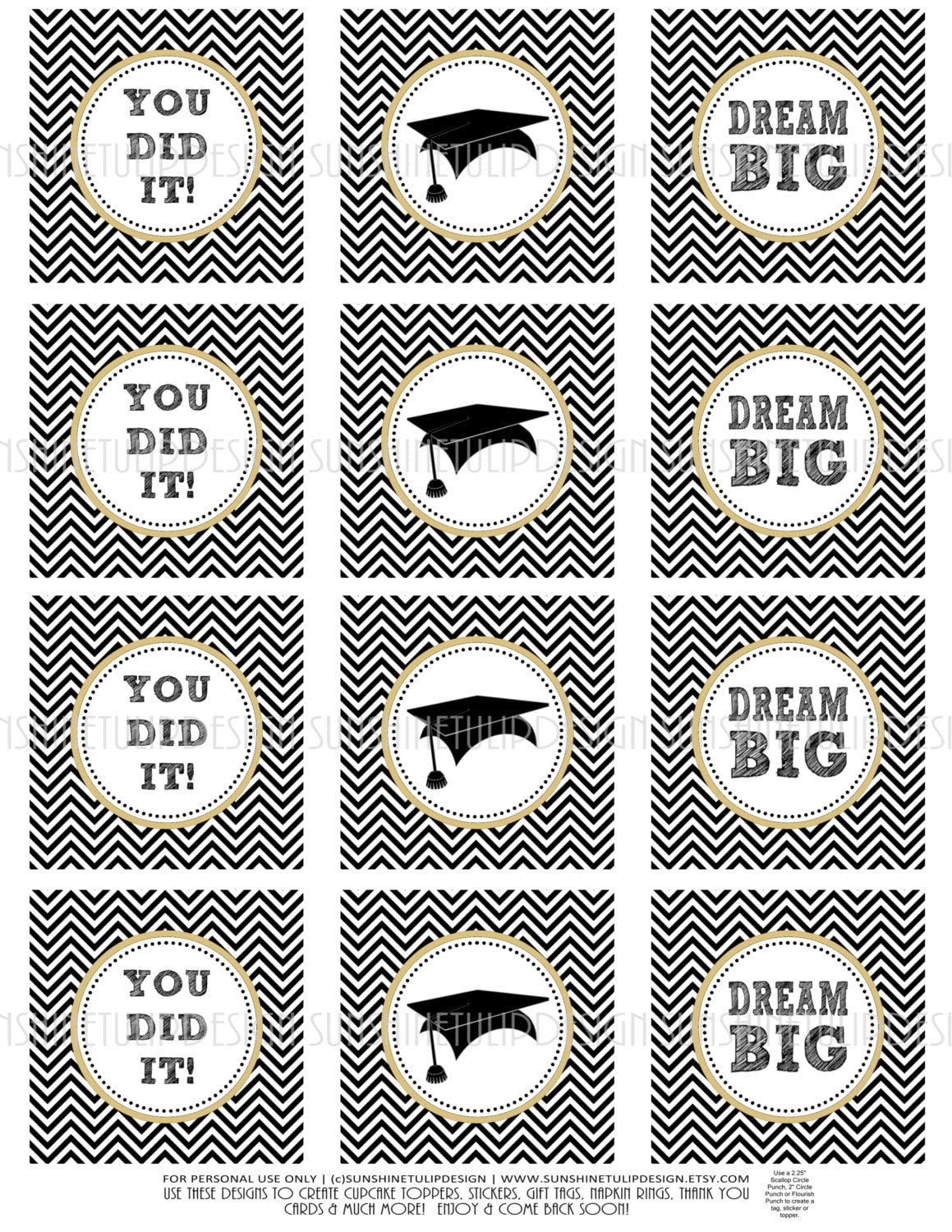 Printable Graduation Cupcake Toppers, Graduation Gift Tags, Black and White Graduation Toppers, Grad Party Cupcake Picks, Graduate Topper