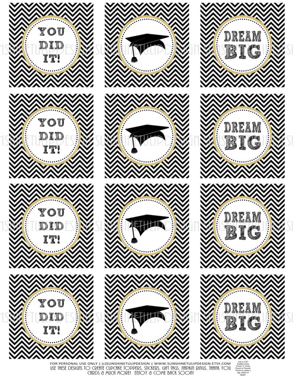 Printable Graduation Cupcake Toppers, Graduation Gift Tags, Black and White Graduation Toppers, Grad Party Cupcake Picks, Graduate Topper