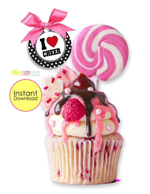 Printable Cheer Favor Gift Tags, I LOVE Cheer Cupcake Toppers, Sports Cheerleading Gift Tag, Cheer Squad Tag, INSTANT DOWNLOAD