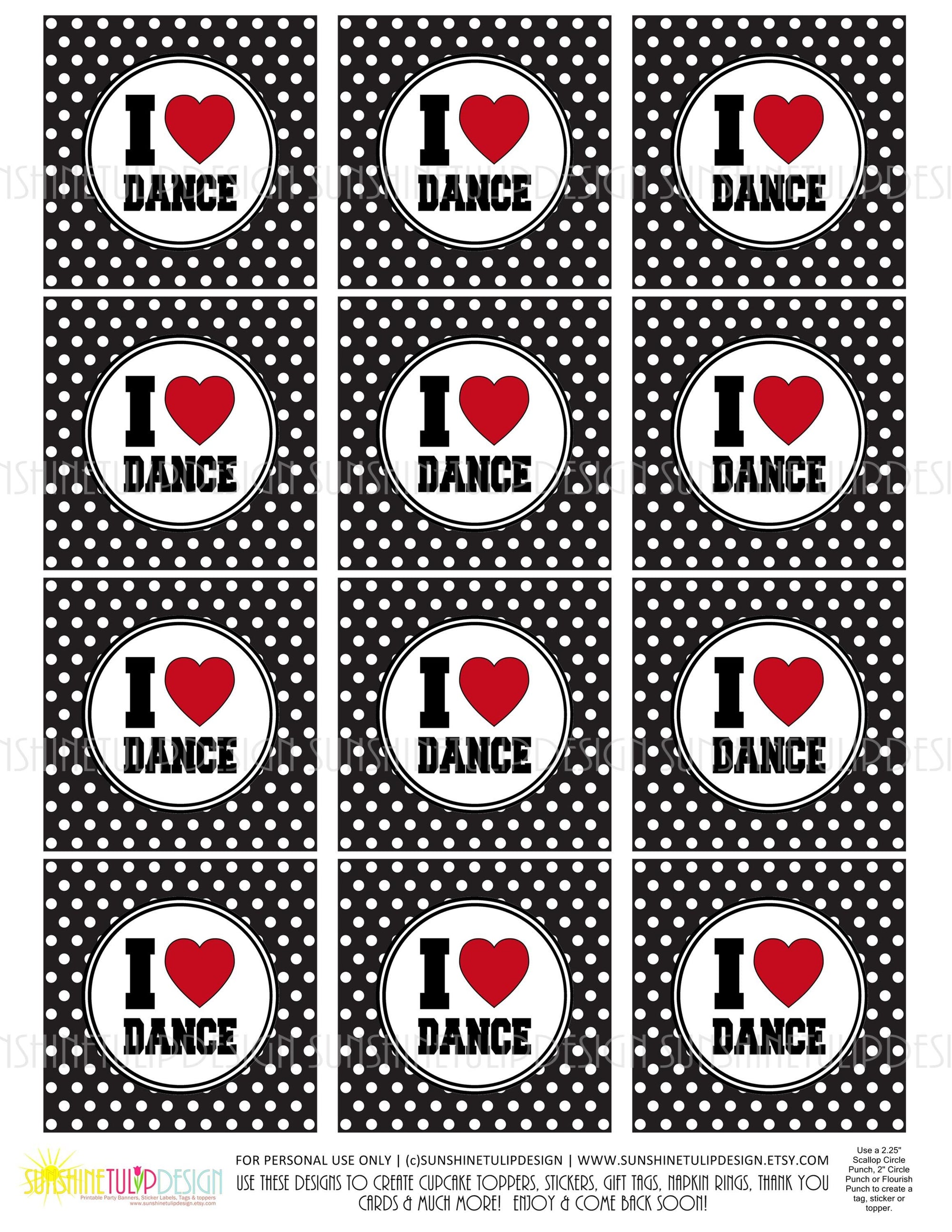 Printable I love DANCE Gift Tags | Dance Team Gift Tags | Dance Theme Cupcake Toppers | INSTANT DOWNLOAD | Digital Download