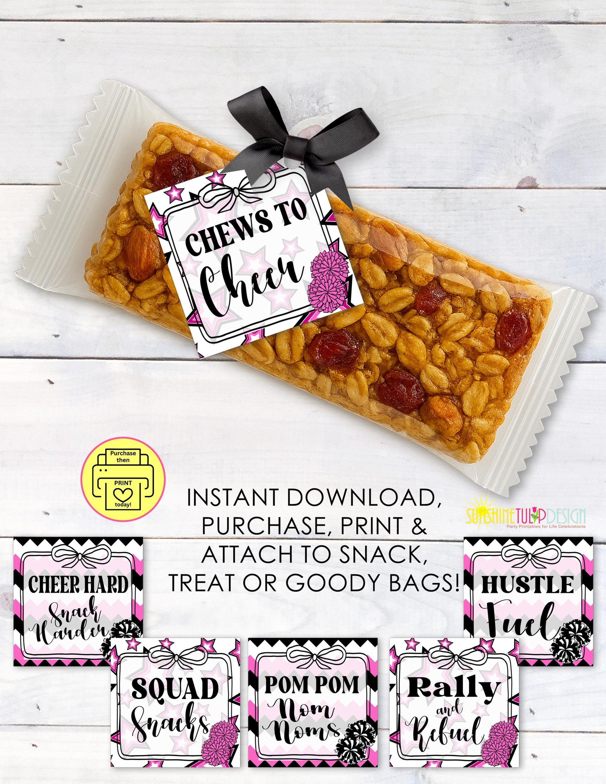 Printable Cheer Squad Snack Tag, Pink & Black Cheer Favor Gift Tags, Game Day Goody Bag Party Favor, Snack Mom Cheer tag, Birthday Favor Tag