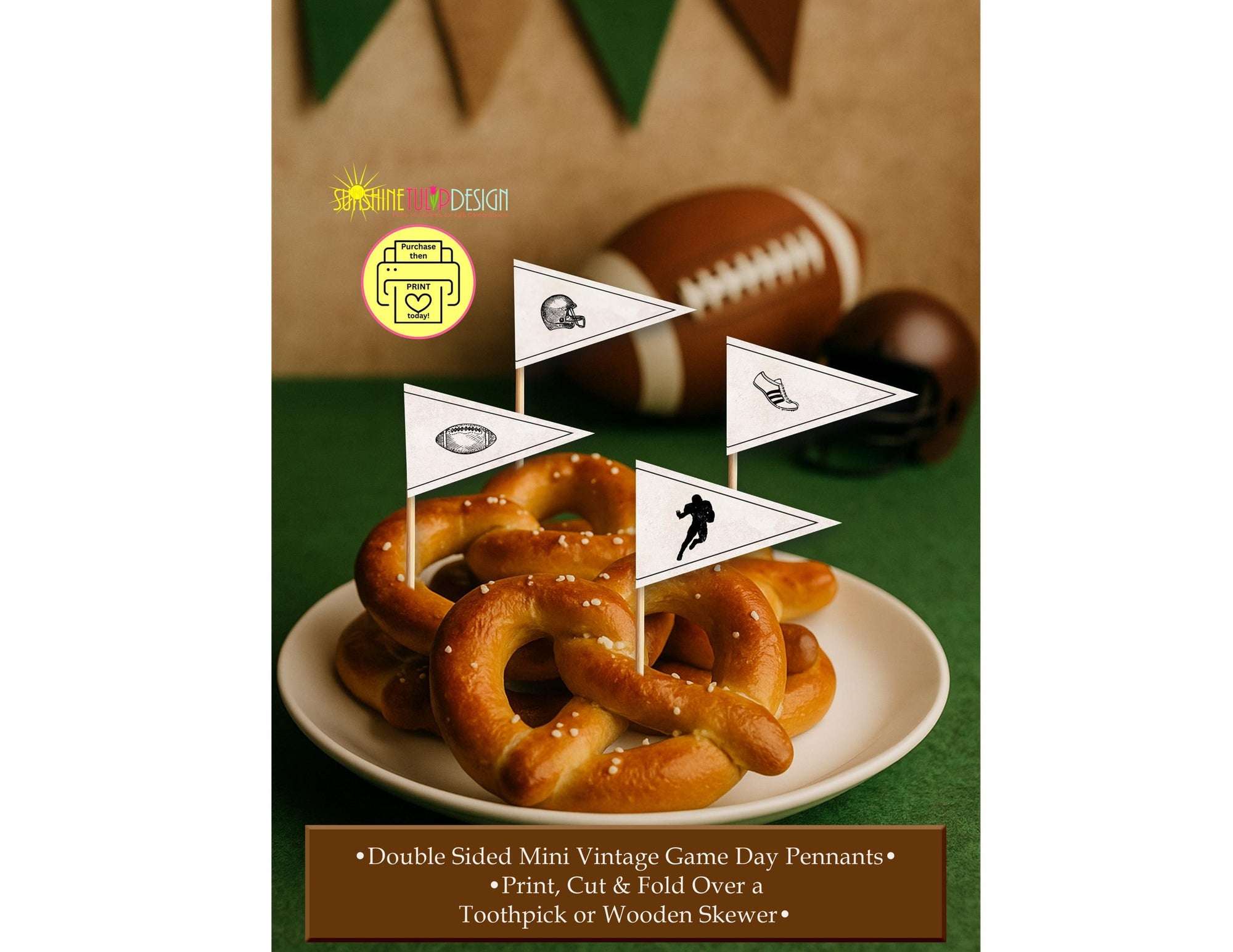 Vintage Football Mini Food Flags | Printable Pennant Picks for Game Day, Tailgate, or Football Birthday Party | Retro Sports Snack Toppers