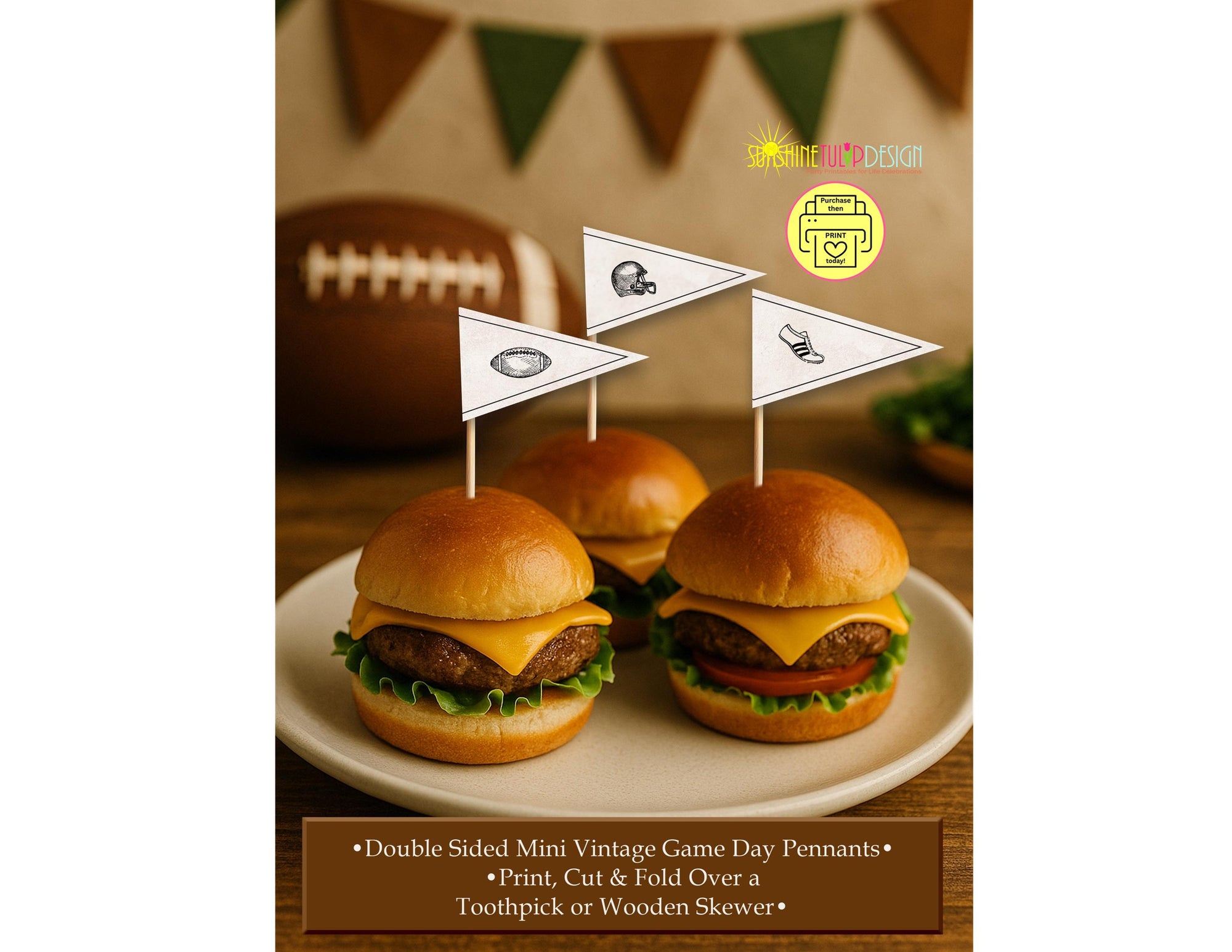 Vintage Football Mini Food Flags | Printable Pennant Picks for Game Day, Tailgate, or Football Birthday Party | Retro Sports Snack Toppers