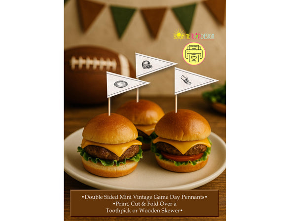 Vintage Football Mini Food Flags | Printable Pennant Picks for Game Day, Tailgate, or Football Birthday Party | Retro Sports Snack Toppers