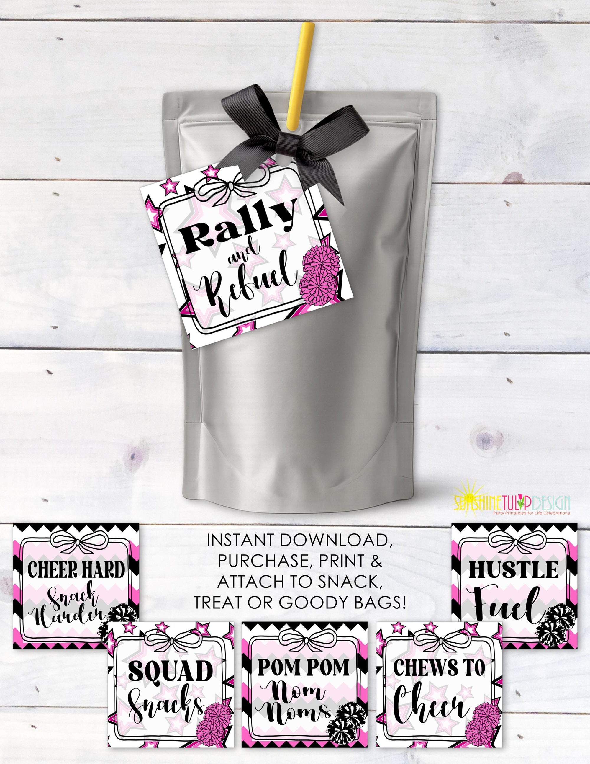 Printable Cheer Squad Snack Tag, Pink & Black Cheer Favor Gift Tags, Game Day Goody Bag Party Favor, Snack Mom Cheer tag, Birthday Favor Tag