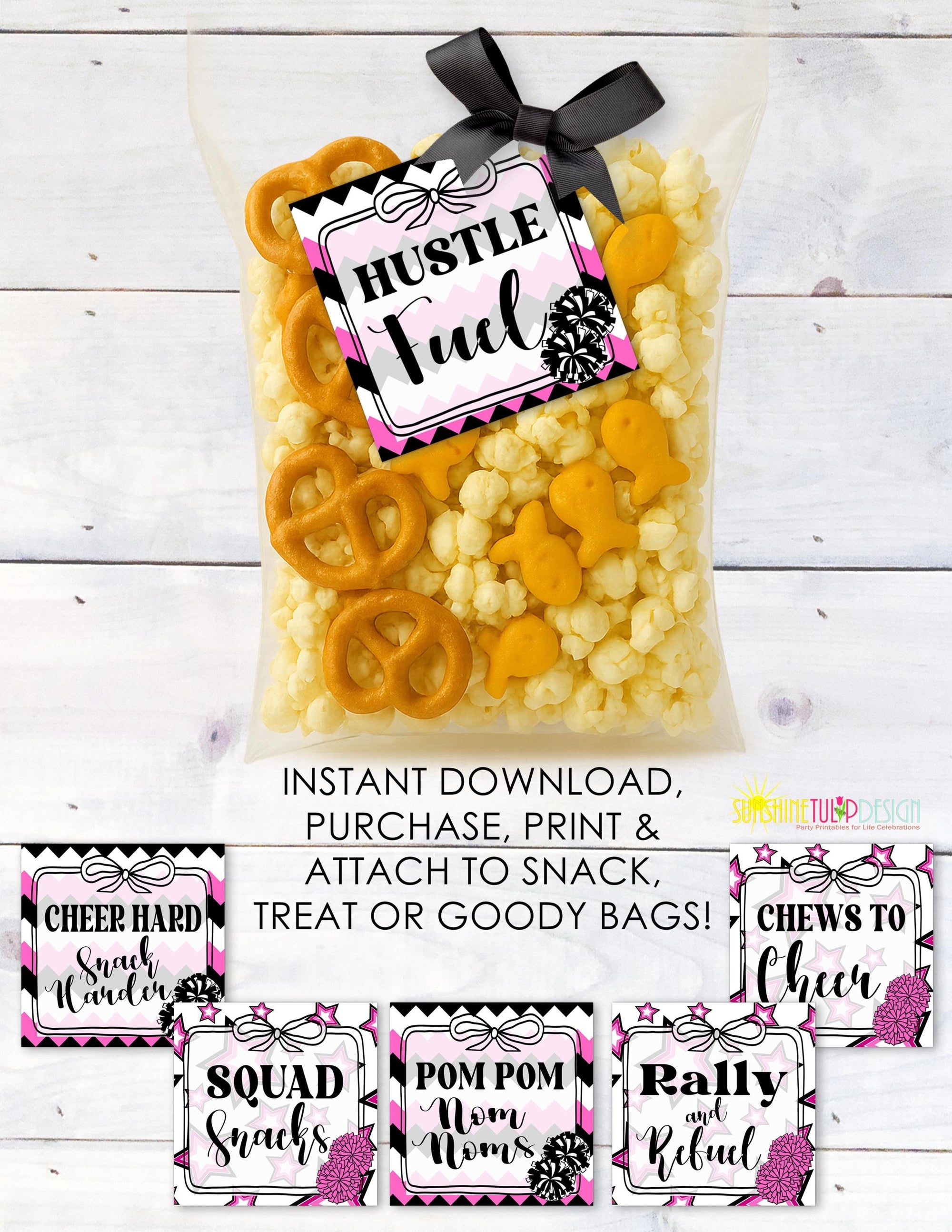 Printable Cheer Squad Snack Tag, Pink & Black Cheer Favor Gift Tags, Game Day Goody Bag Party Favor, Snack Mom Cheer tag, Birthday Favor Tag
