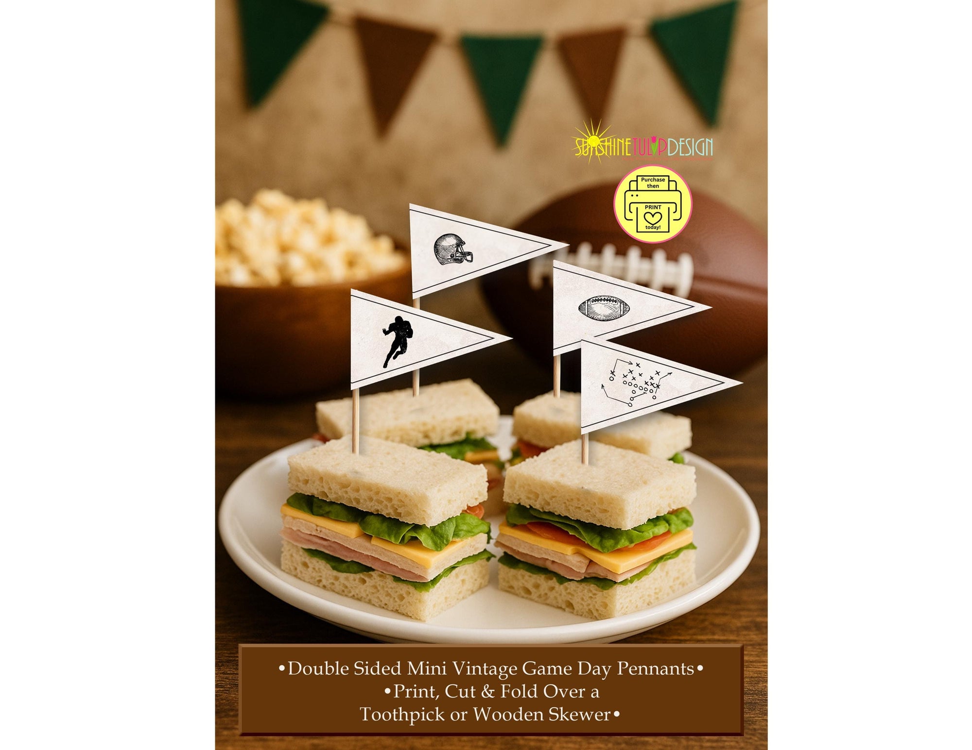 Vintage Football Mini Food Flags | Printable Pennant Picks for Game Day, Tailgate, or Football Birthday Party | Retro Sports Snack Toppers