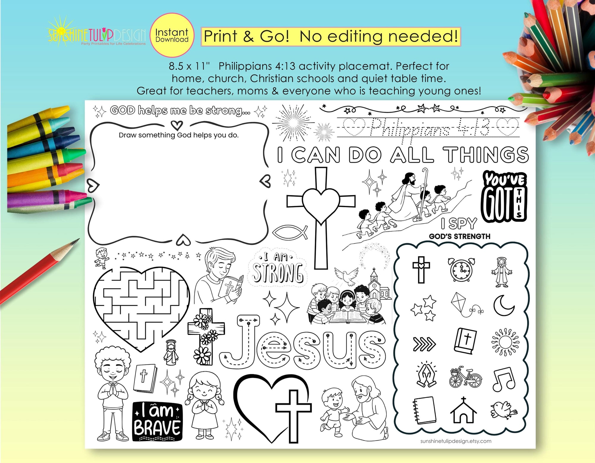 Philippians 4:13 Activity Placemat | I Can Do All Things Printable | Christian Kids Activity | Faith Coloring Placemat | Print & Go