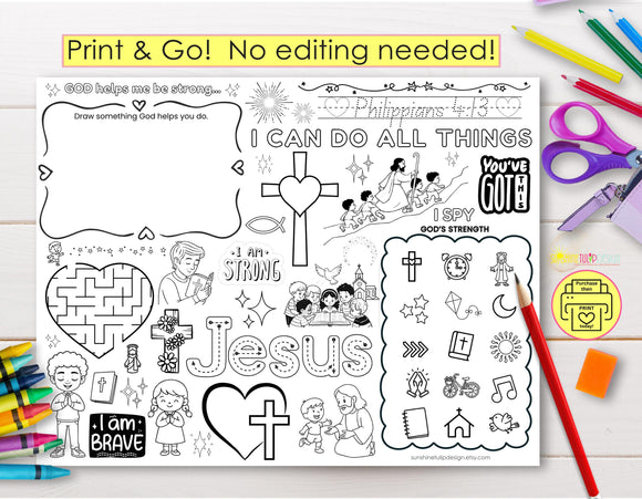 Philippians 4:13 Activity Placemat | I Can Do All Things Printable | Christian Kids Activity | Faith Coloring Placemat | Print & Go
