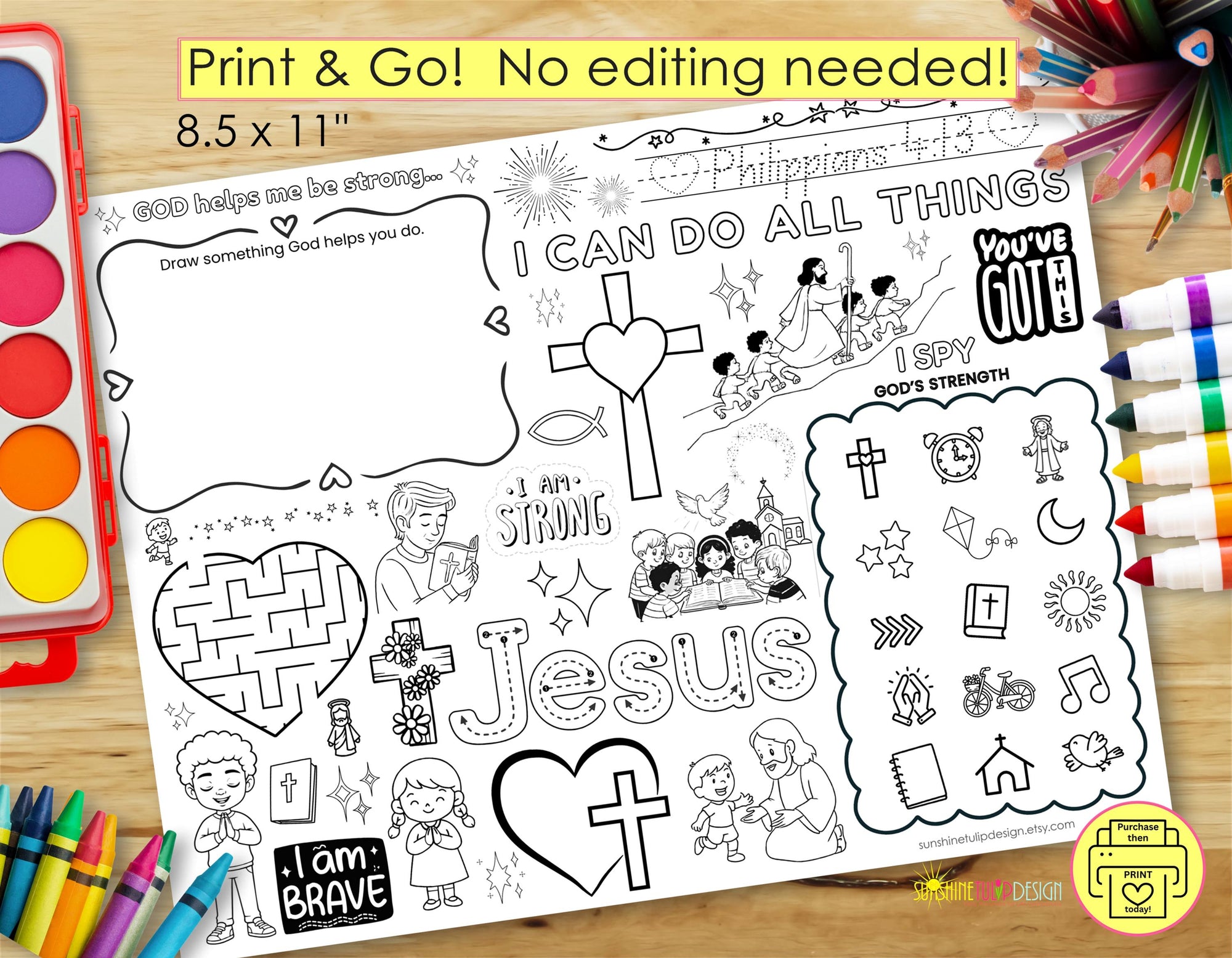 Philippians 4:13 Activity Placemat | I Can Do All Things Printable | Christian Kids Activity | Faith Coloring Placemat | Print & Go