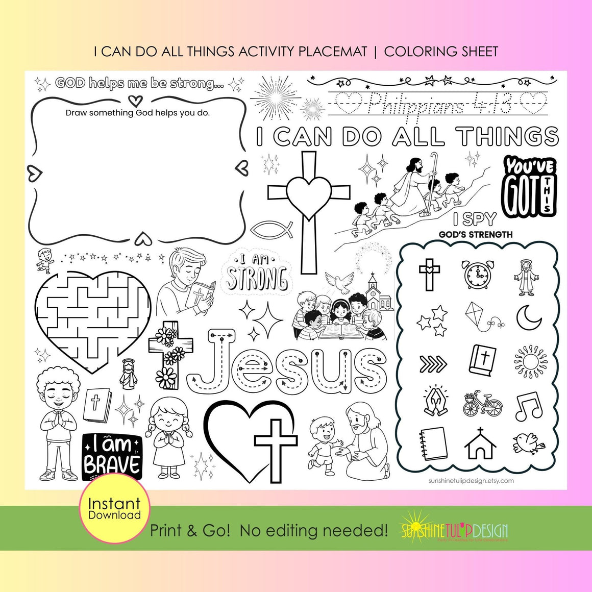 Philippians 4:13 Activity Placemat | I Can Do All Things Printable | Christian Kids Activity | Faith Coloring Placemat | Print & Go