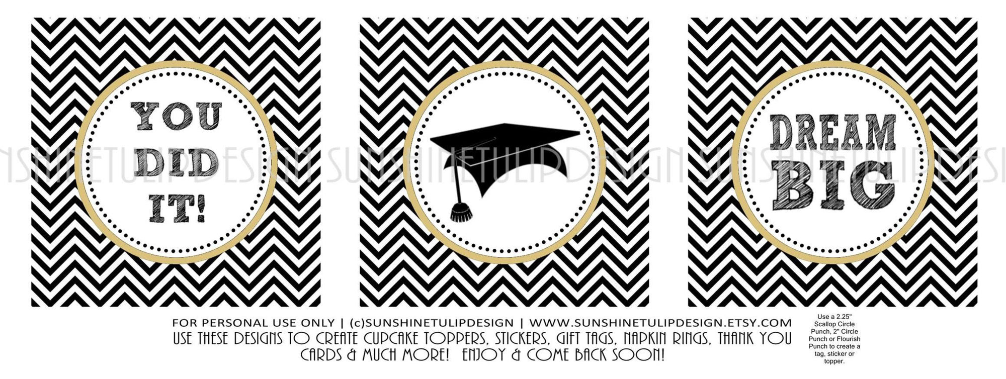 Printable Graduation Cupcake Toppers, Graduation Gift Tags, Black and White Graduation Toppers, Grad Party Cupcake Picks, Graduate Topper