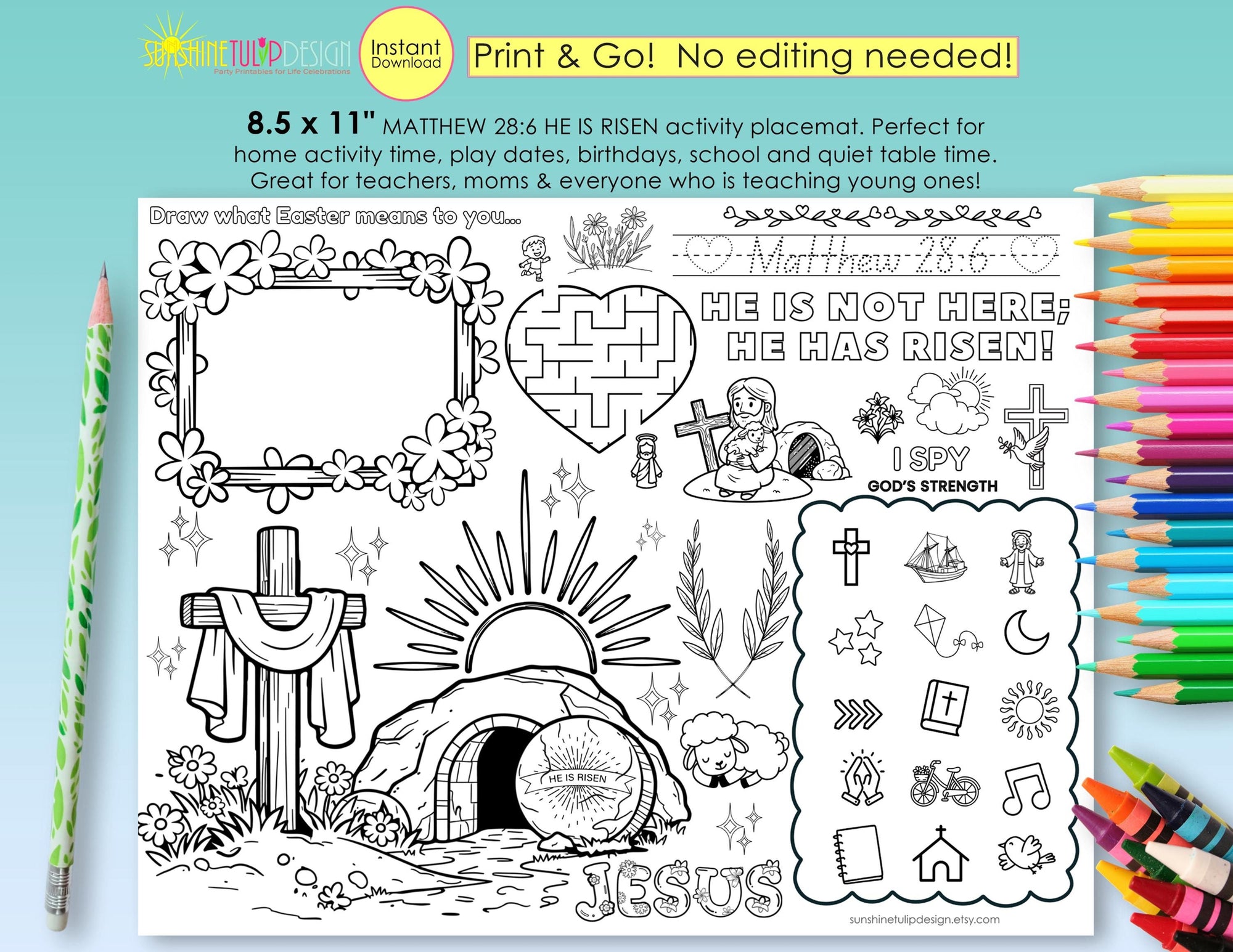 He is Risen Activity Placemat | Matthew 28:6 Printable | Christian Coloring Activity Kids | Print and Go Faith Worksheet | Jesus is Risen