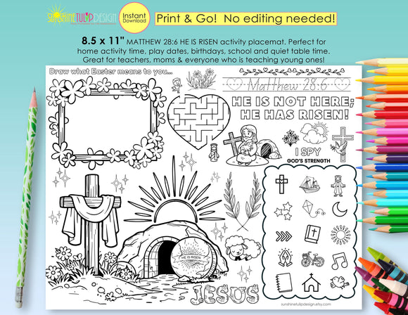 He is Risen Activity Placemat | Matthew 28:6 Printable | Christian Coloring Activity Kids | Print and Go Faith Worksheet | Jesus is Risen