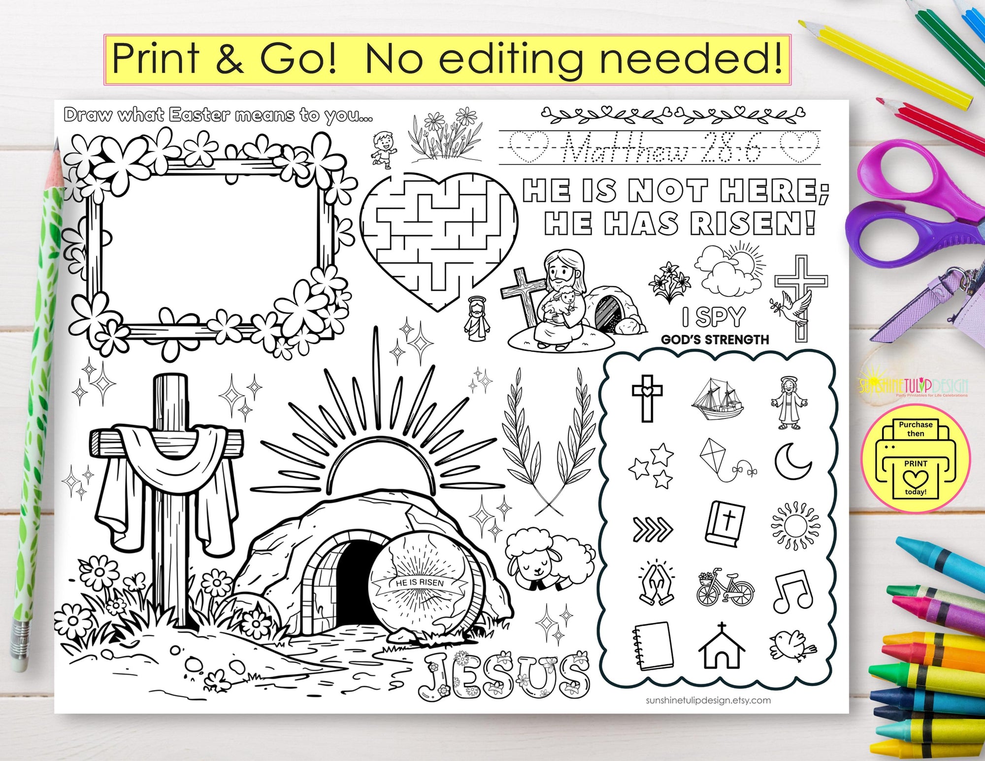 He is Risen Activity Placemat | Matthew 28:6 Printable | Christian Coloring Activity Kids | Print and Go Faith Worksheet | Jesus is Risen