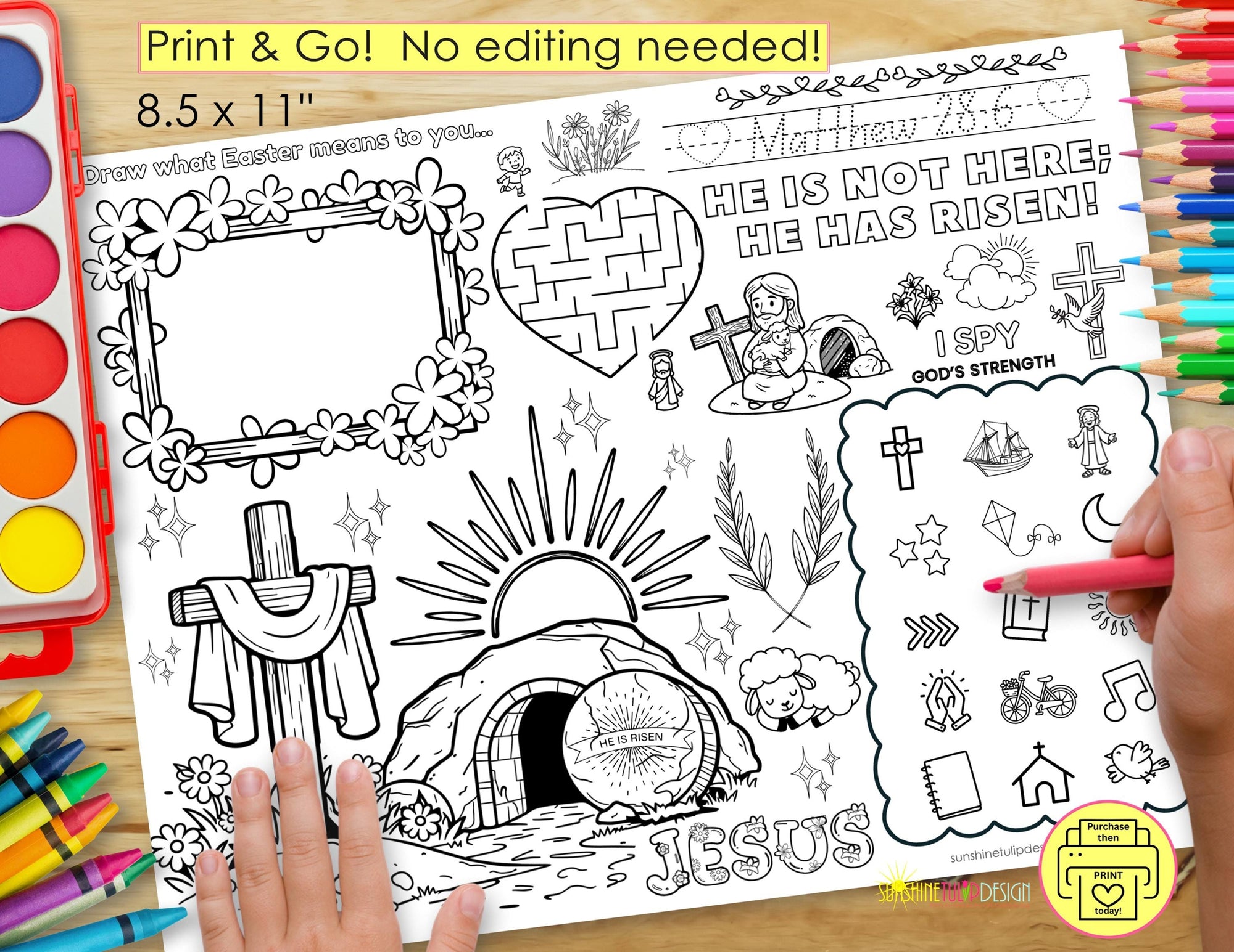 He is Risen Activity Placemat | Matthew 28:6 Printable | Christian Coloring Activity Kids | Print and Go Faith Worksheet | Jesus is Risen