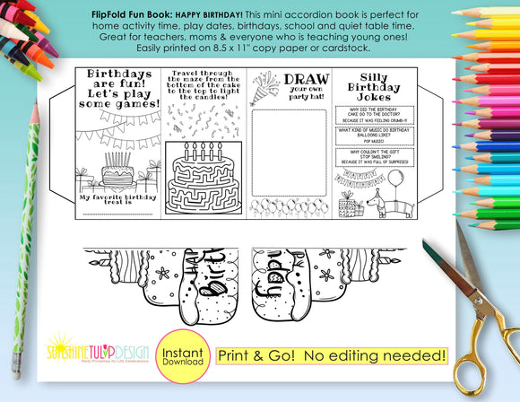 FlipFold Fun Book Birthday | Birthday Mini Accordion Activity | Printable Birthday Kids Craft | Birthday Party Activity Party Favor