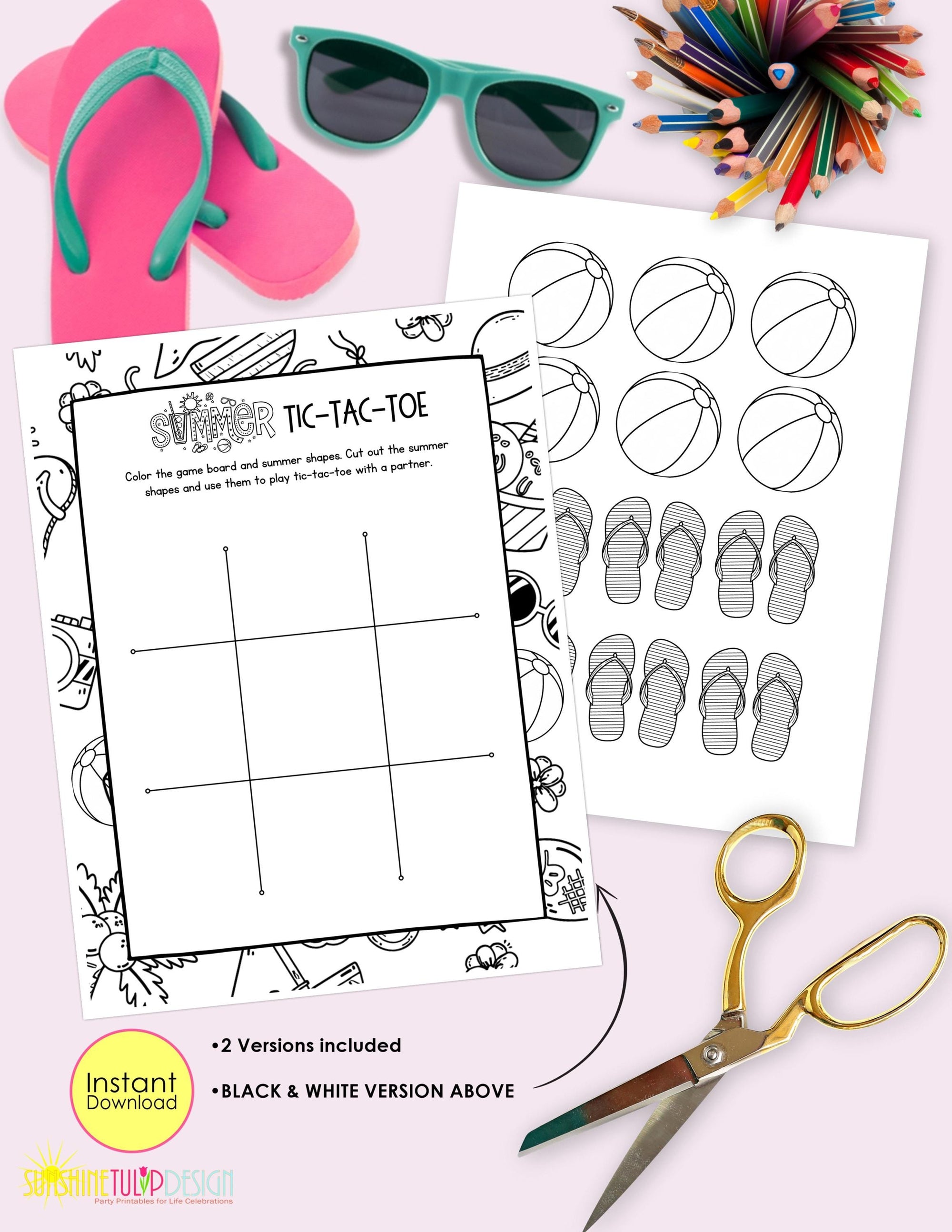 Summer Tic Tac Toe Printable Game | Tic Tac Toe Summer Activity | Classroom Center | Family Game Night | Instant Download | Color B&W