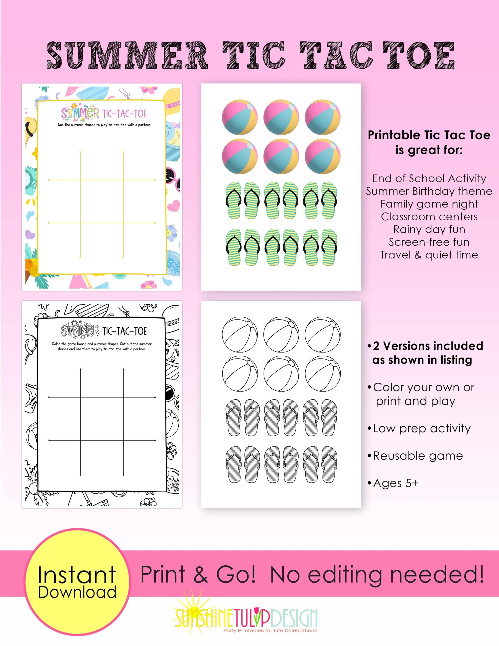 Summer Tic Tac Toe Printable Game | Tic Tac Toe Summer Activity | Classroom Center | Family Game Night | Instant Download | Color B&W